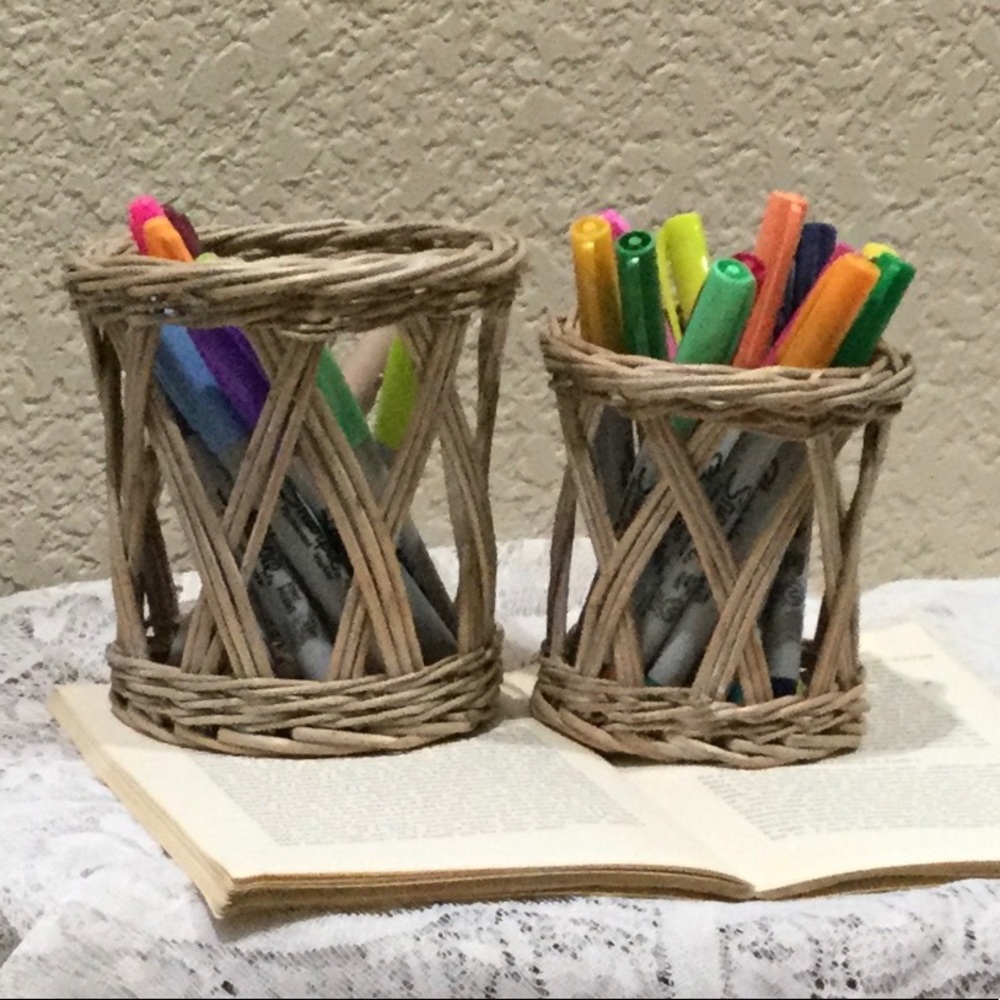 2 white wood woven basket cups